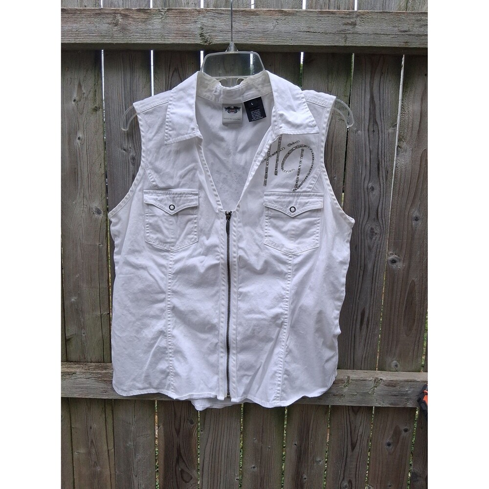 048 Harley Davidson Denim Rhinestones Bar & Shield Zip Up Large Women's White